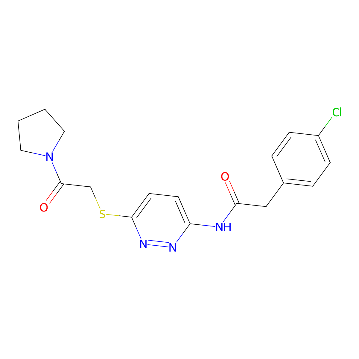 2-(4-chlorophenyl)-N-(6-((2-oxo-2-(pyrrolidin-1-yl)ethyl)thio)pyridazin-3-yl)acetamide molecular structure, CAS 1021253-10-0