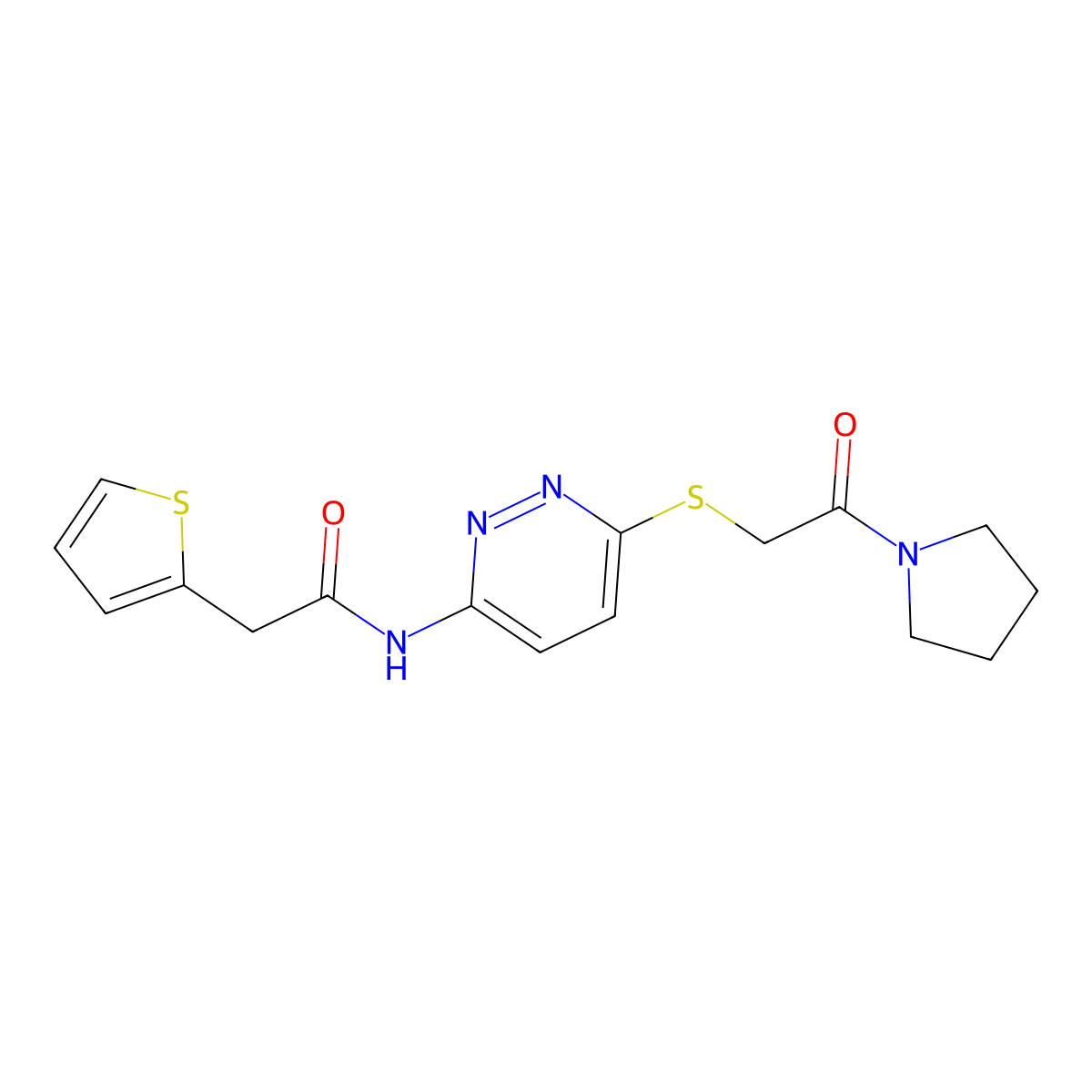 N-(6-((2-oxo-2-(pyrrolidin-1-yl)ethyl)thio)pyridazin-3-yl)-2-(thiophen-2-yl)acetamide molecular structure, CAS 1021253-13-3