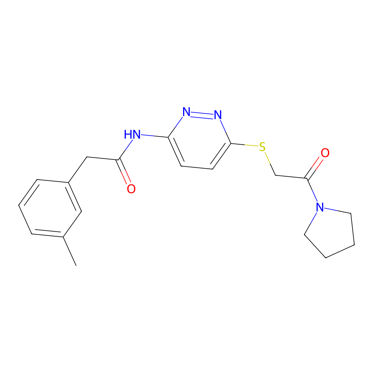 N-(6-((2-oxo-2-(pyrrolidin-1-yl)ethyl)thio)pyridazin-3-yl)-2-(m-tolyl)acetamide molecular structure, CAS 1021253-20-2