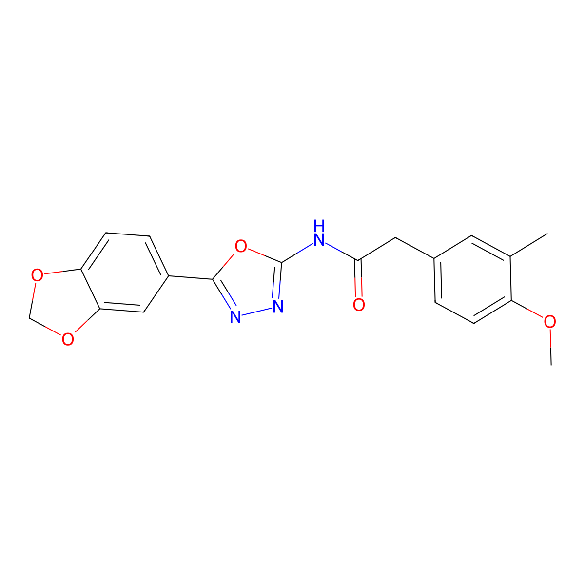 N-(5-(benzo[d][1,3]dioxol-5-yl)-1,3,4-oxadiazol-2-yl)-2-(4-methoxy-3-methylphenyl)acetamide molecular structure, CAS 1021253-33-7
