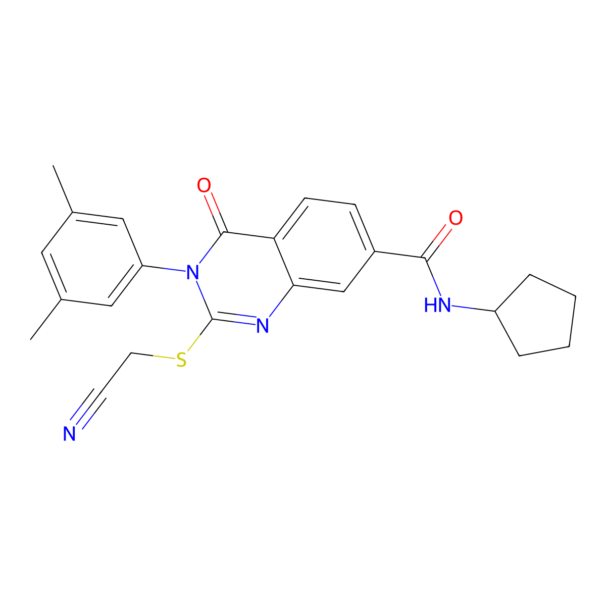 2-((cyanomethyl)thio)-N-cyclopentyl-3-(3,5-dimethylphenyl)-4-oxo-3,4-dihydroquinazoline-7-carboxamide molecular structure, CAS 1021253-44-0