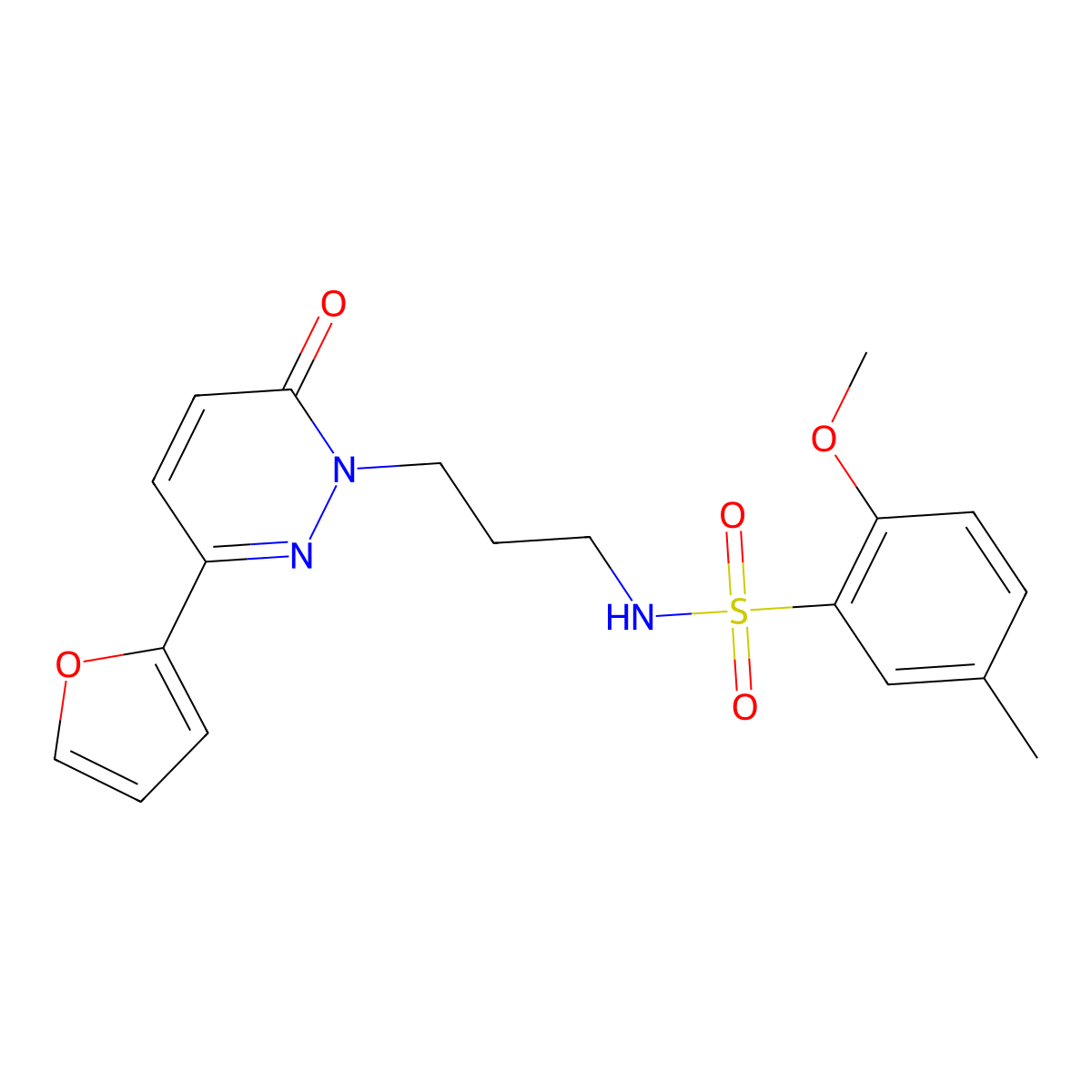 N-{3-[3-(furan-2-yl)-6-oxo-1,6-dihydropyridazin-1-yl]propyl}-2-methoxy-5-methylbenzene-1-sulfonamide molecular structure, CAS 1021253-56-4