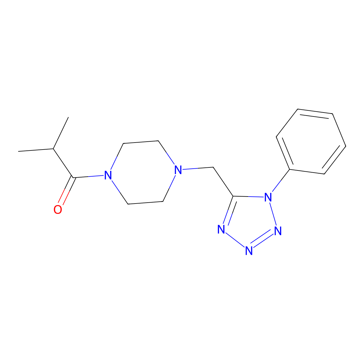 2-methyl-1-(4-((1-phenyl-1H-tetrazol-5-yl)methyl)piperazin-1-yl)propan-1-one molecular structure, CAS 1021253-59-7