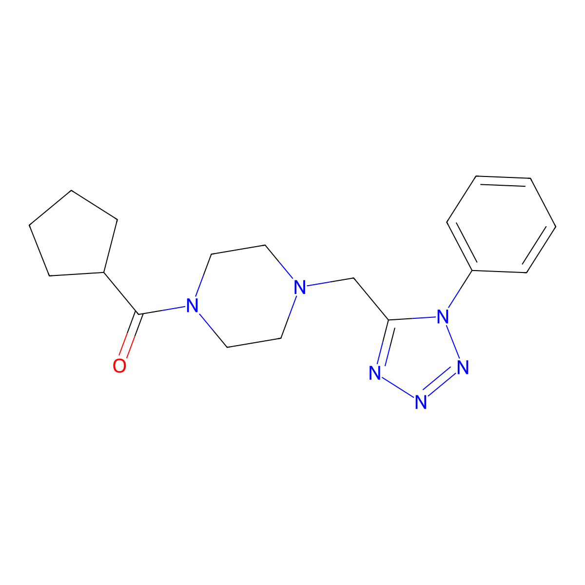 cyclopentyl(4-((1-phenyl-1H-tetrazol-5-yl)methyl)piperazin-1-yl)methanone molecular structure, CAS 1021253-61-1