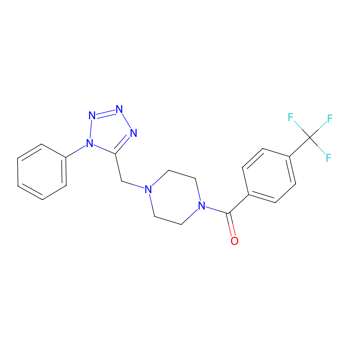 (4-((1-phenyl-1H-tetrazol-5-yl)methyl)piperazin-1-yl)(4-(trifluoromethyl)phenyl)methanone molecular structure, CAS 1021253-71-3
