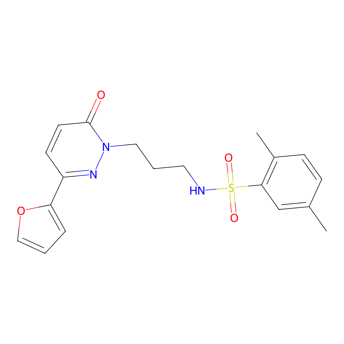 N-{3-[3-(furan-2-yl)-6-oxo-1,6-dihydropyridazin-1-yl]propyl}-2,5-dimethylbenzene-1-sulfonamide molecular structure, CAS 1021253-74-6