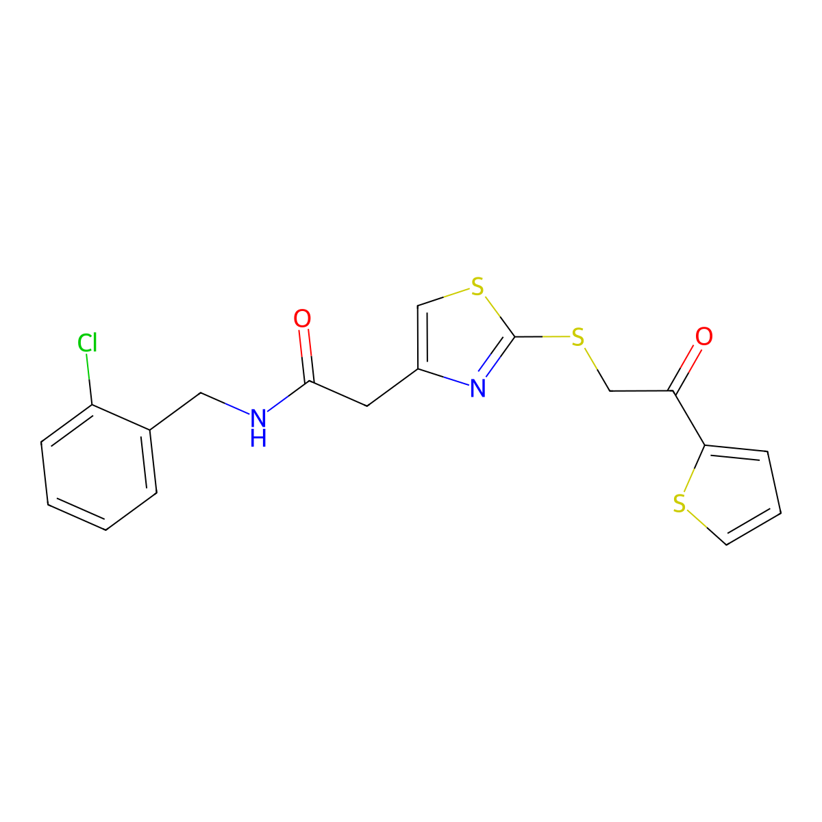 N-[(2-chlorophenyl)methyl]-2-(2-{[2-oxo-2-(thiophen-2-yl)ethyl]sulfanyl}-1,3-thiazol-4-yl)acetamide molecular structure, CAS 1021253-78-0