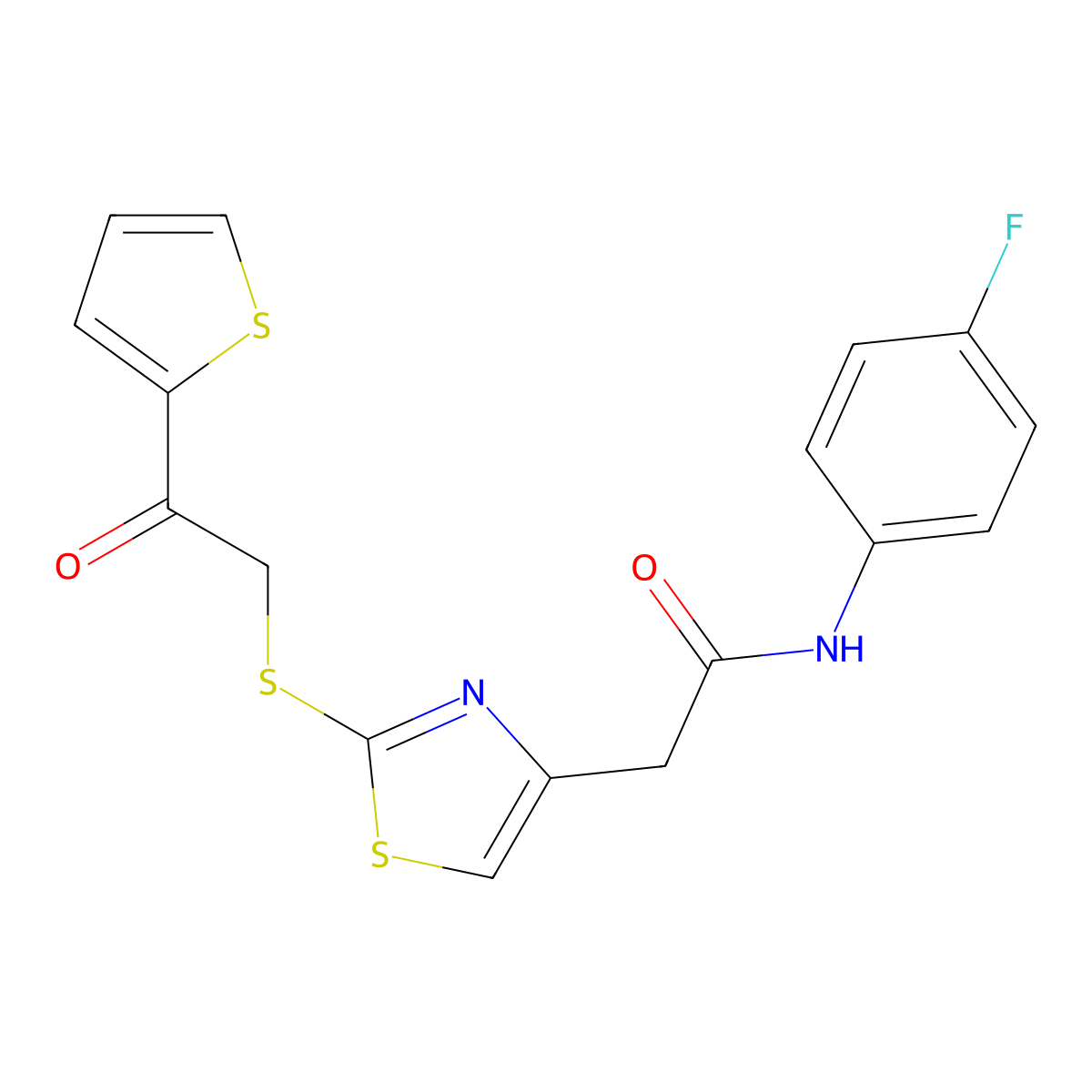 N-(4-fluorophenyl)-2-(2-{[2-oxo-2-(thiophen-2-yl)ethyl]sulfanyl}-1,3-thiazol-4-yl)acetamide molecular structure, CAS 1021253-83-7