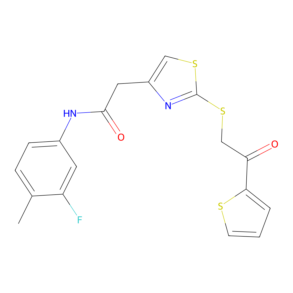 N-(3-fluoro-4-methylphenyl)-2-(2-{[2-oxo-2-(thiophen-2-yl)ethyl]sulfanyl}-1,3-thiazol-4-yl)acetamide molecular structure, CAS 1021253-95-1