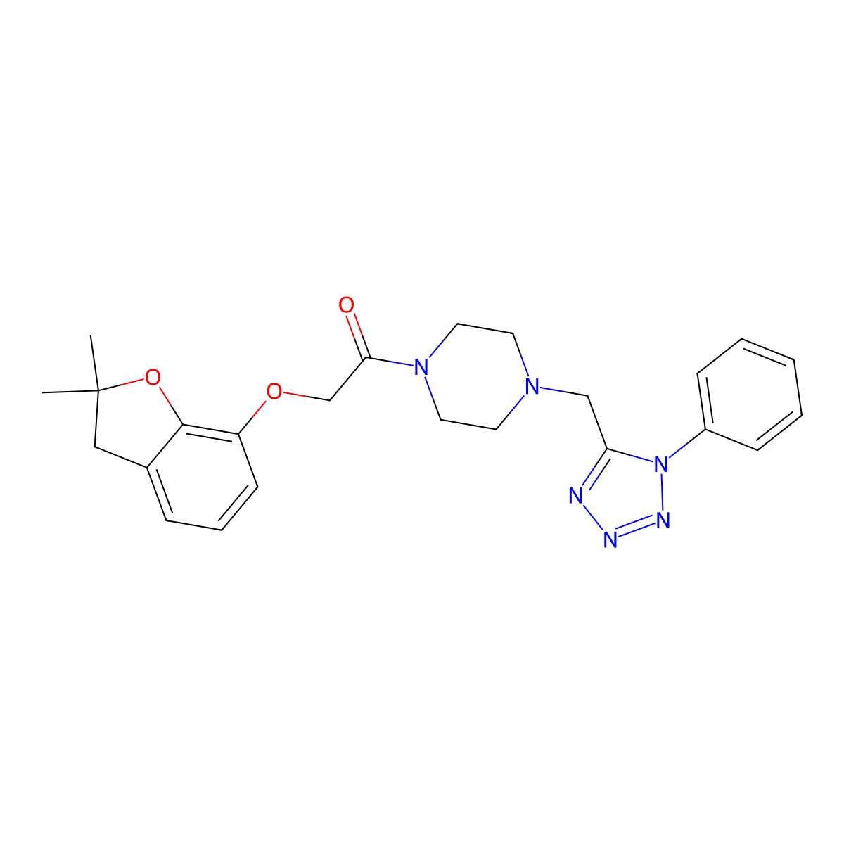 2-((2,2-dimethyl-2,3-dihydrobenzofuran-7-yl)oxy)-1-(4-((1-phenyl-1H-tetrazol-5-yl)methyl)piperazin-1-yl)ethanone molecular structure, CAS 1021253-99-5