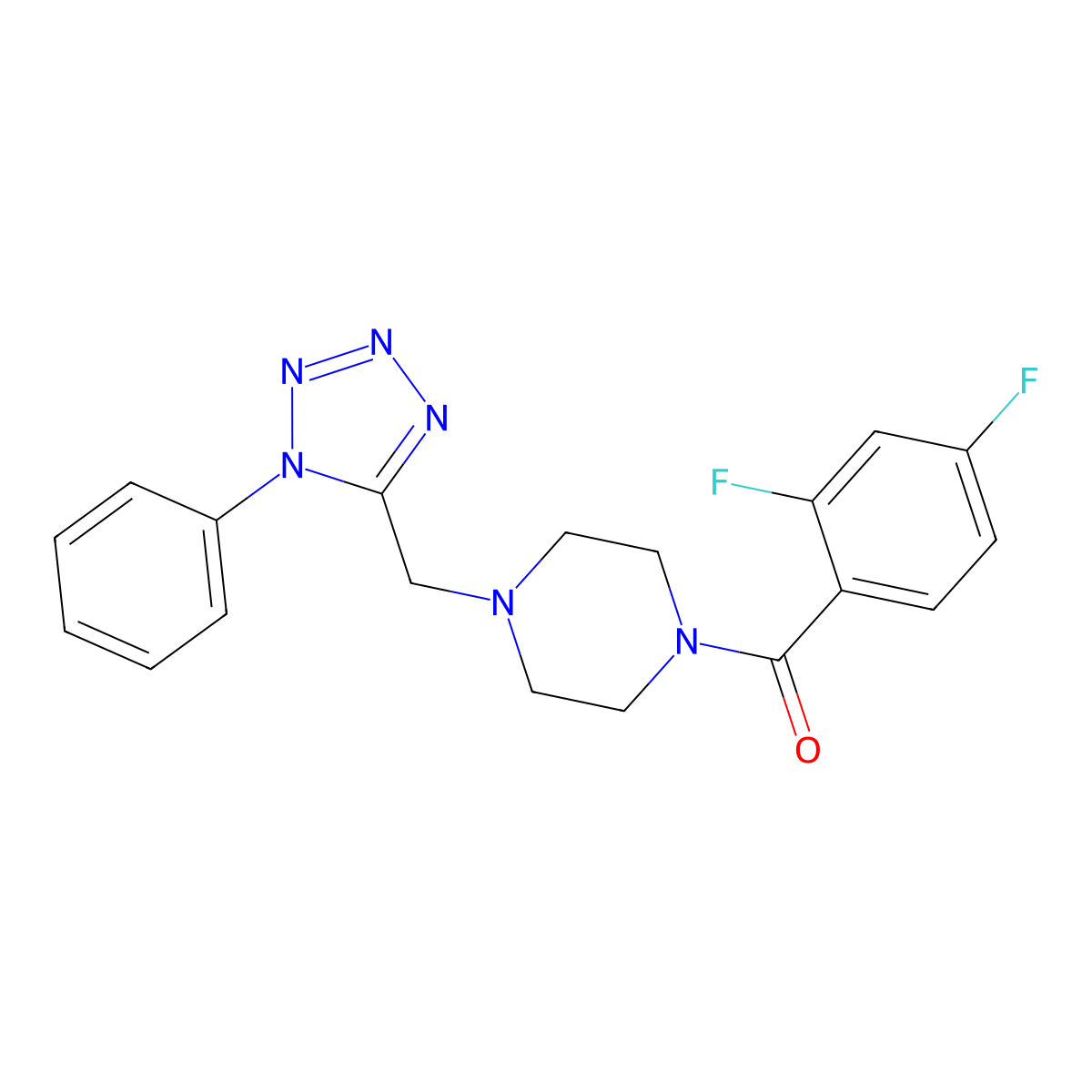 (2,4-difluorophenyl)(4-((1-phenyl-1H-tetrazol-5-yl)methyl)piperazin-1-yl)methanone molecular structure, CAS 1021254-03-4