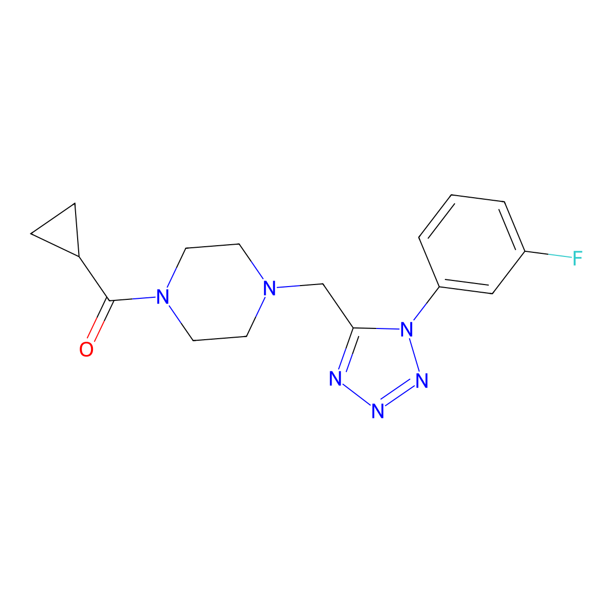 cyclopropyl(4-((1-(3-fluorophenyl)-1H-tetrazol-5-yl)methyl)piperazin-1-yl)methanone molecular structure, CAS 1021254-06-7