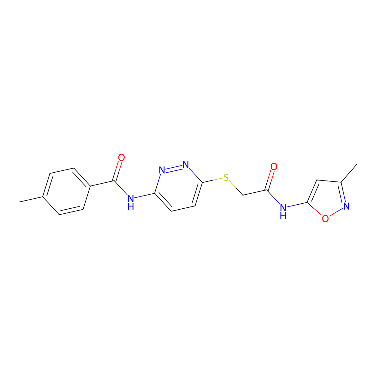 4-methyl-N-[6-({[(3-methyl-1,2-oxazol-5-yl)carbamoyl]methyl}sulfanyl)pyridazin-3-yl]benzamide molecular structure, CAS 1021254-09-0