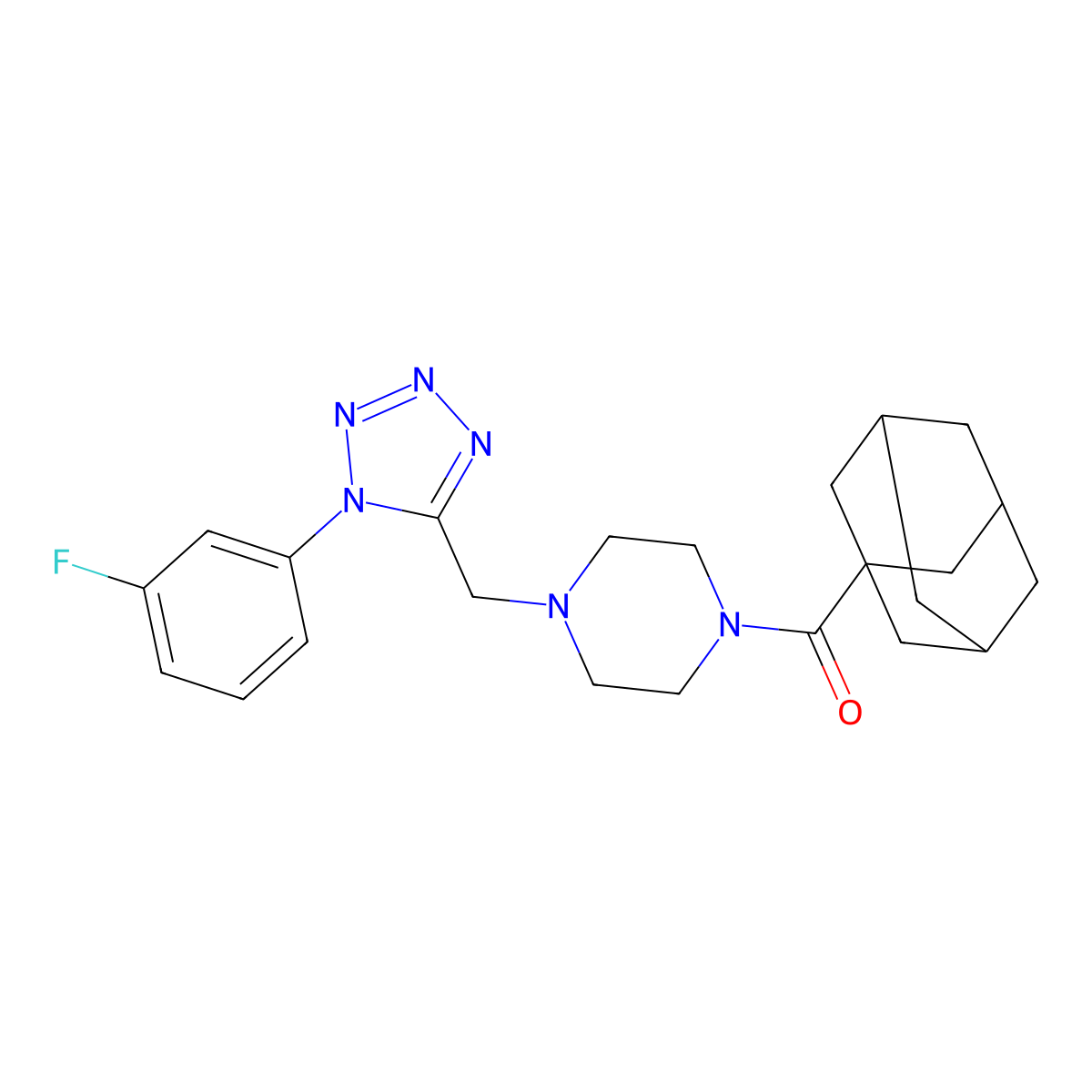 (3r,5r,7r)-adamantan-1-yl(4-((1-(3-fluorophenyl)-1H-tetrazol-5-yl)methyl)piperazin-1-yl)methanone molecular structure, CAS 1021254-10-3