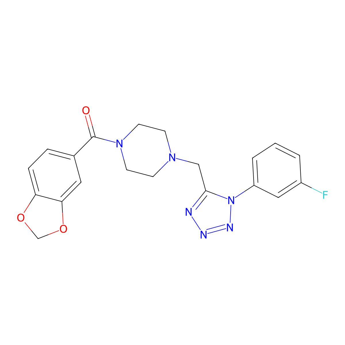 benzo[d][1,3]dioxol-5-yl(4-((1-(3-fluorophenyl)-1H-tetrazol-5-yl)methyl)piperazin-1-yl)methanone molecular structure, CAS 1021254-12-5