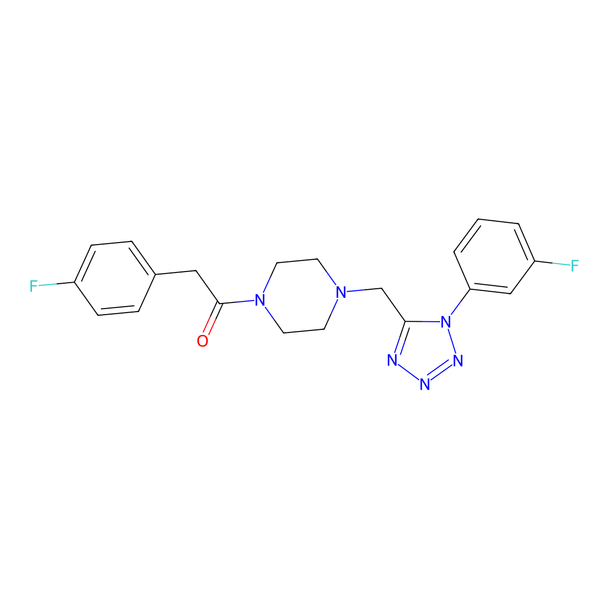 2-(4-fluorophenyl)-1-(4-((1-(3-fluorophenyl)-1H-tetrazol-5-yl)methyl)piperazin-1-yl)ethanone molecular structure, CAS 1021254-20-5