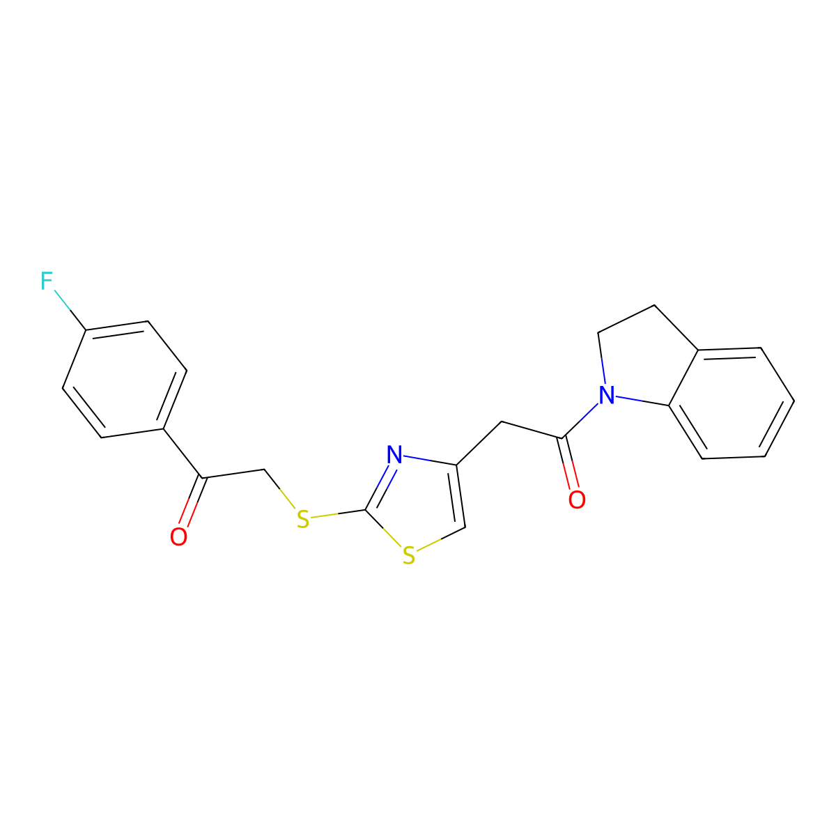 1-(4-Fluorophenyl)-2-((4-(2-(indolin-1-yl)-2-oxoethyl)thiazol-2-yl)thio)ethanone molecular structure, CAS 1021254-21-6