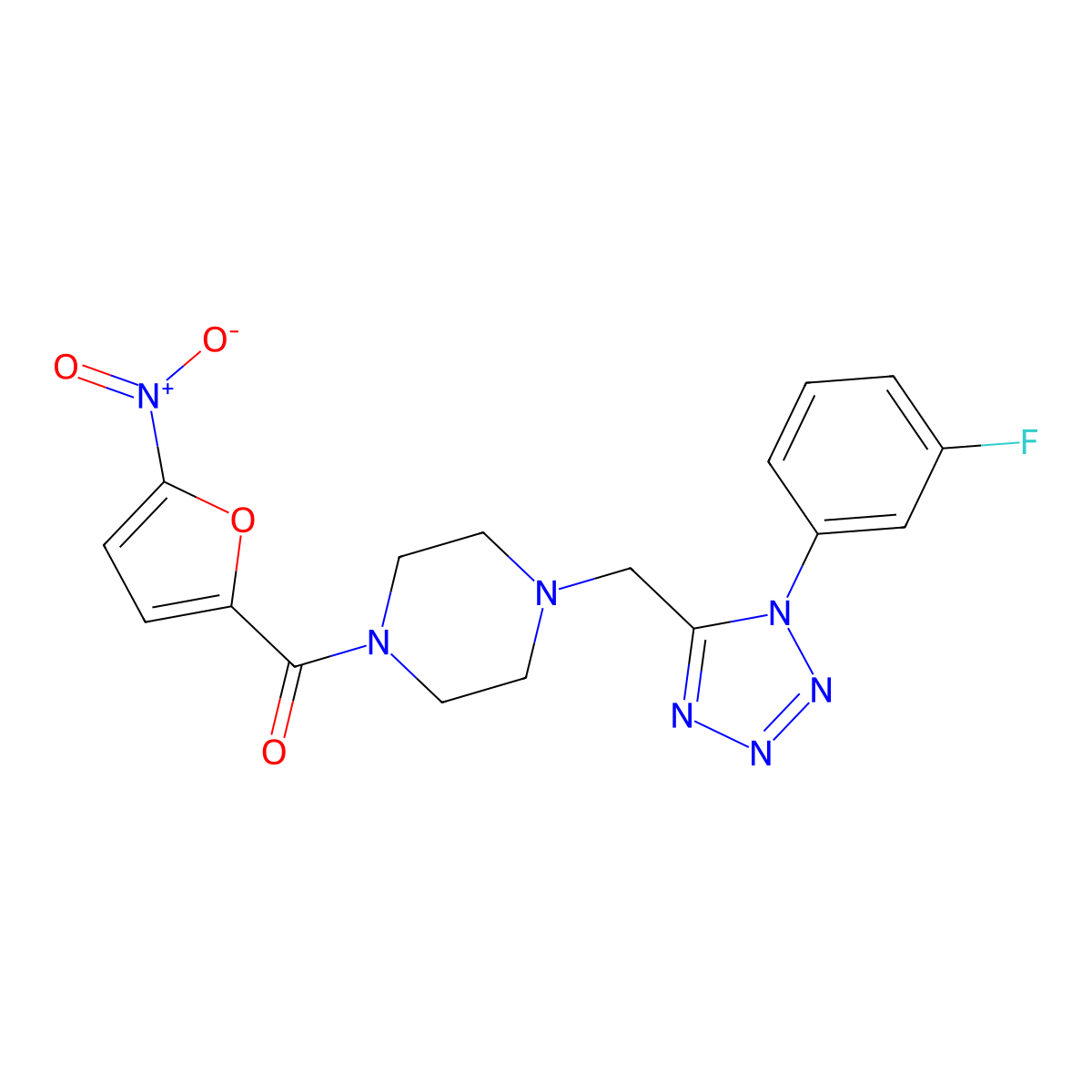 (4-((1-(3-fluorophenyl)-1H-tetrazol-5-yl)methyl)piperazin-1-yl)(5-nitrofuran-2-yl)methanone molecular structure, CAS 1021254-26-1
