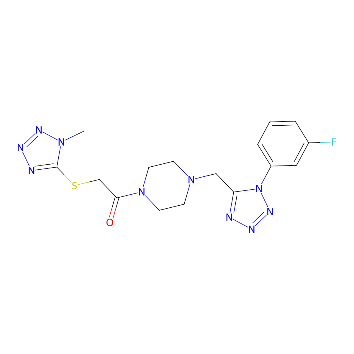 1-(4-((1-(3-fluorophenyl)-1H-tetrazol-5-yl)methyl)piperazin-1-yl)-2-((1-methyl-1H-tetrazol-5-yl)thio)ethanone molecular structure, CAS 1021254-27-2