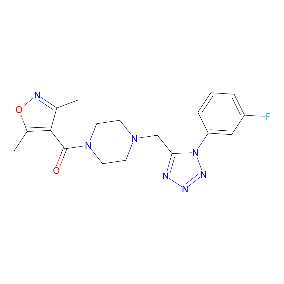 (3,5-dimethylisoxazol-4-yl)(4-((1-(3-fluorophenyl)-1H-tetrazol-5-yl)methyl)piperazin-1-yl)methanone molecular structure, CAS 1021254-28-3
