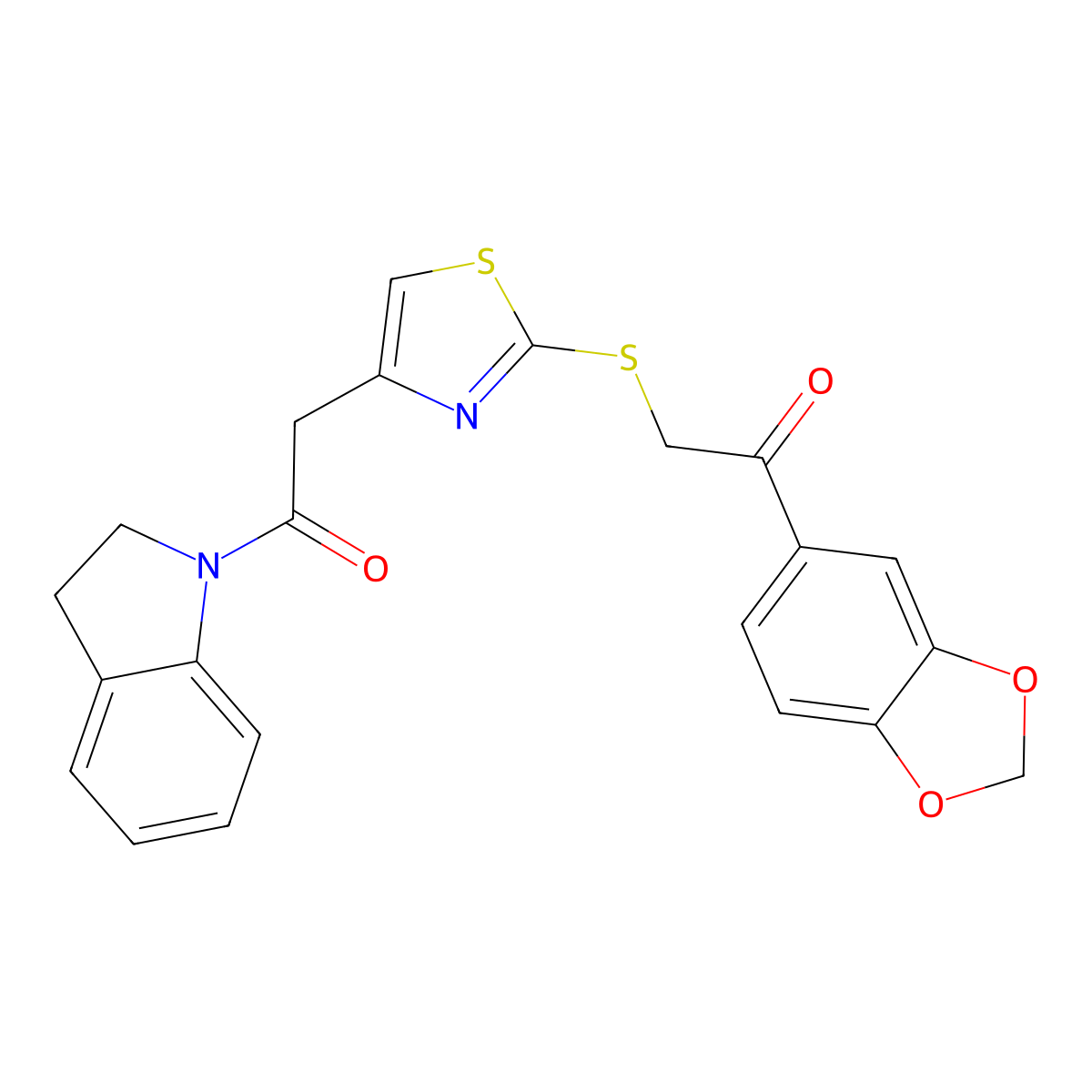 1-(Benzo[d][1,3]dioxol-5-yl)-2-((4-(2-(indolin-1-yl)-2-oxoethyl)thiazol-2-yl)thio)ethanone molecular structure, CAS 1021254-38-5