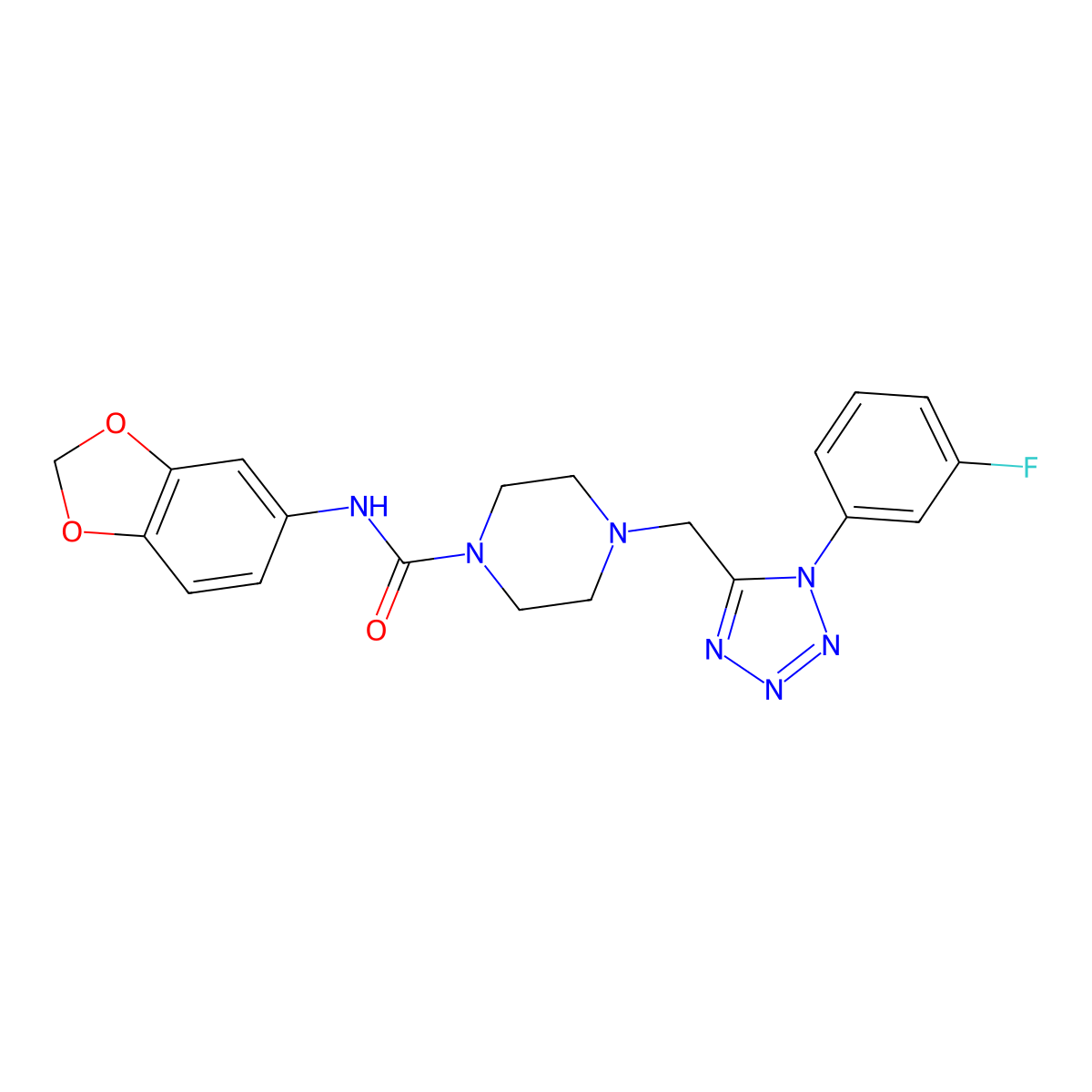 N-(benzo[d][1,3]dioxol-5-yl)-4-((1-(3-fluorophenyl)-1H-tetrazol-5-yl)methyl)piperazine-1-carboxamide molecular structure, CAS 1021254-39-6