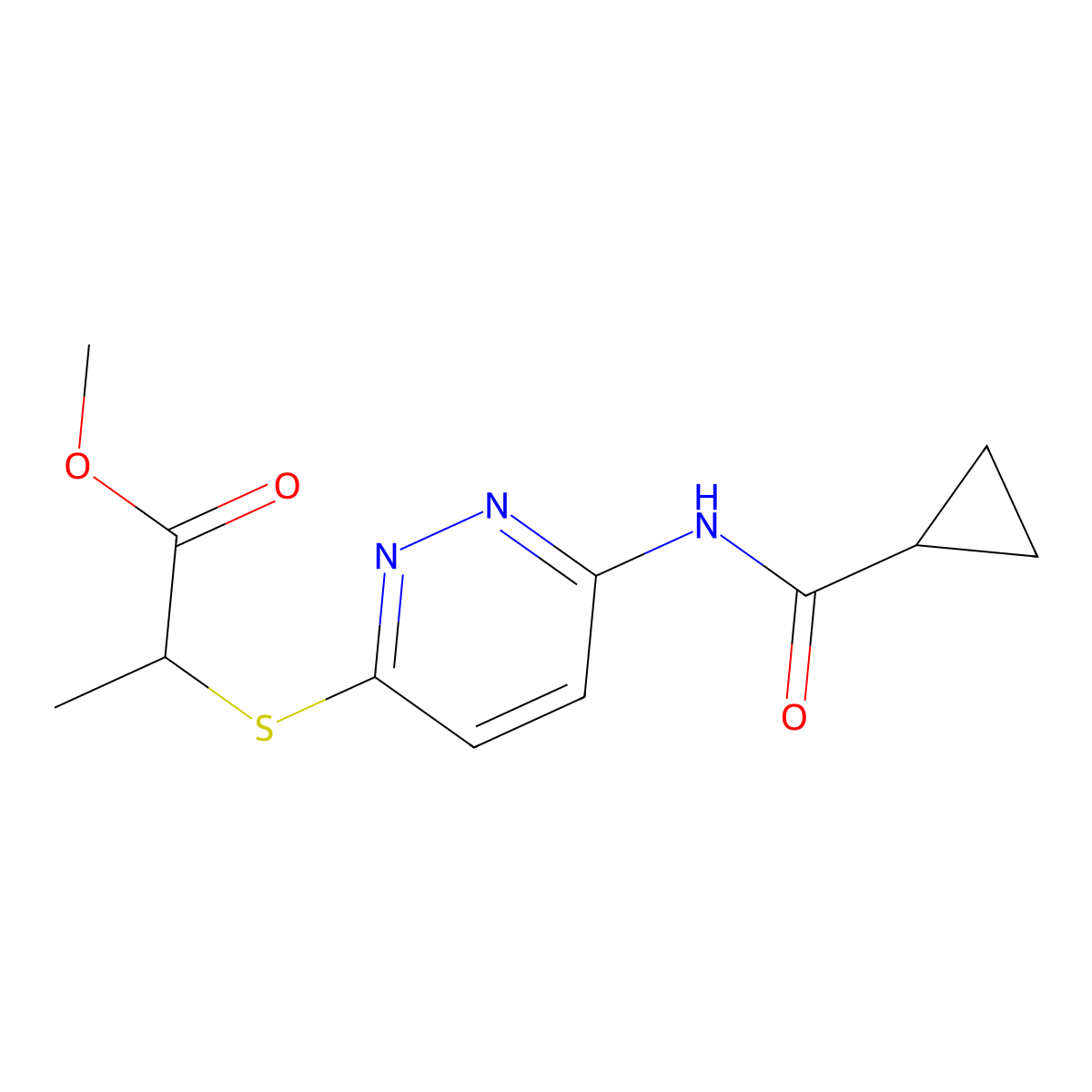 Methyl 2-((6-(cyclopropanecarboxamido)pyridazin-3-yl)thio)propanoate molecular structure, CAS 1021254-43-2