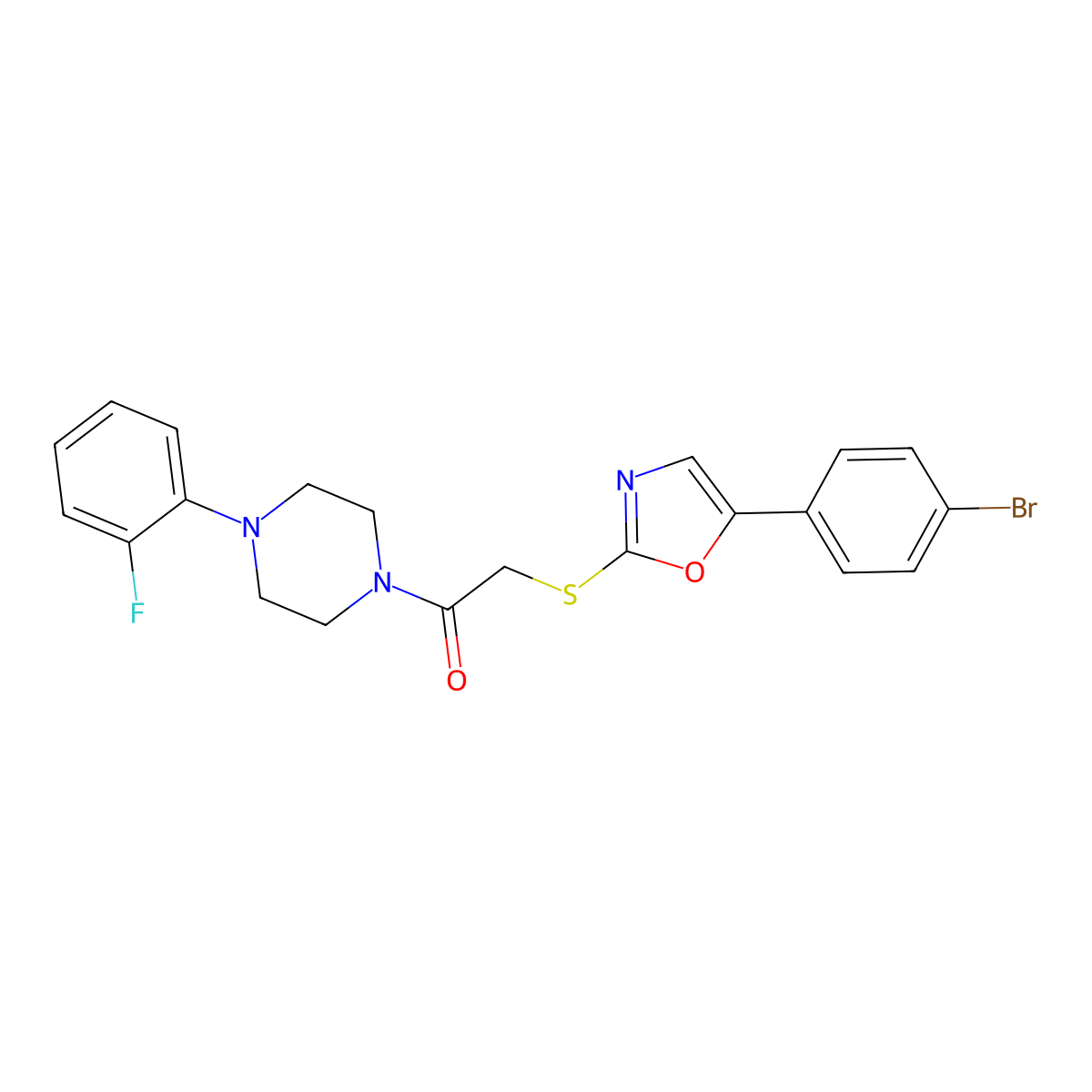 1-({[5-(4-Bromophenyl)-1,3-oxazol-2-yl]thio}acetyl)-4-(2-fluorophenyl)piperazine molecular structure, CAS 1021254-55-6