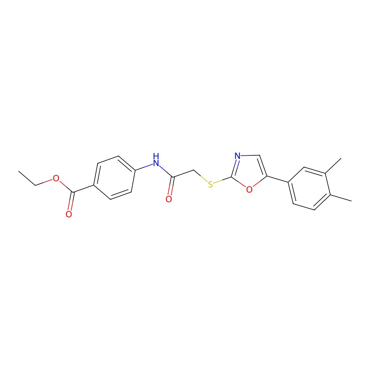 Ethyl 4-(2-{[5-(3,4-dimethylphenyl)-1,3-oxazol-2-yl]sulfanyl}acetamido)benzoate molecular structure, CAS 1021254-61-4