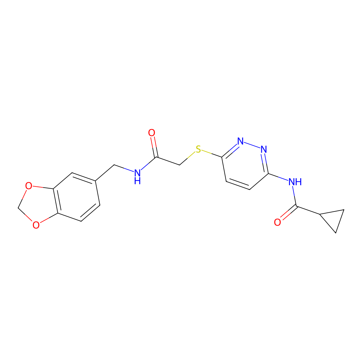 N-(6-((2-((benzo[d][1,3]dioxol-5-ylmethyl)amino)-2-oxoethyl)thio)pyridazin-3-yl)cyclopropanecarboxamide molecular structure, CAS 1021254-62-5