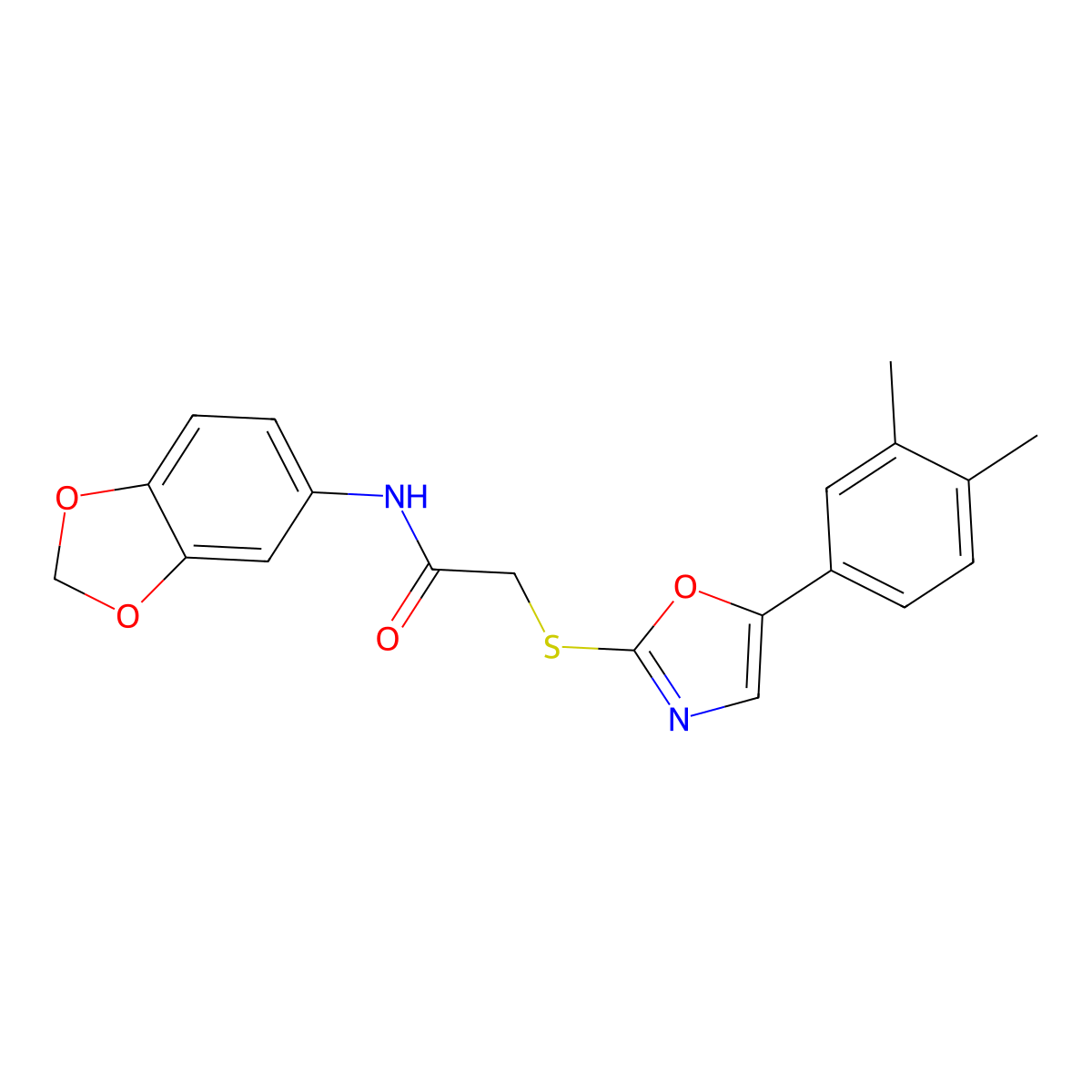 N-(benzo[d][1,3]dioxol-5-yl)-2-((5-(3,4-dimethylphenyl)oxazol-2-yl)thio)acetamide molecular structure, CAS 1021254-63-6