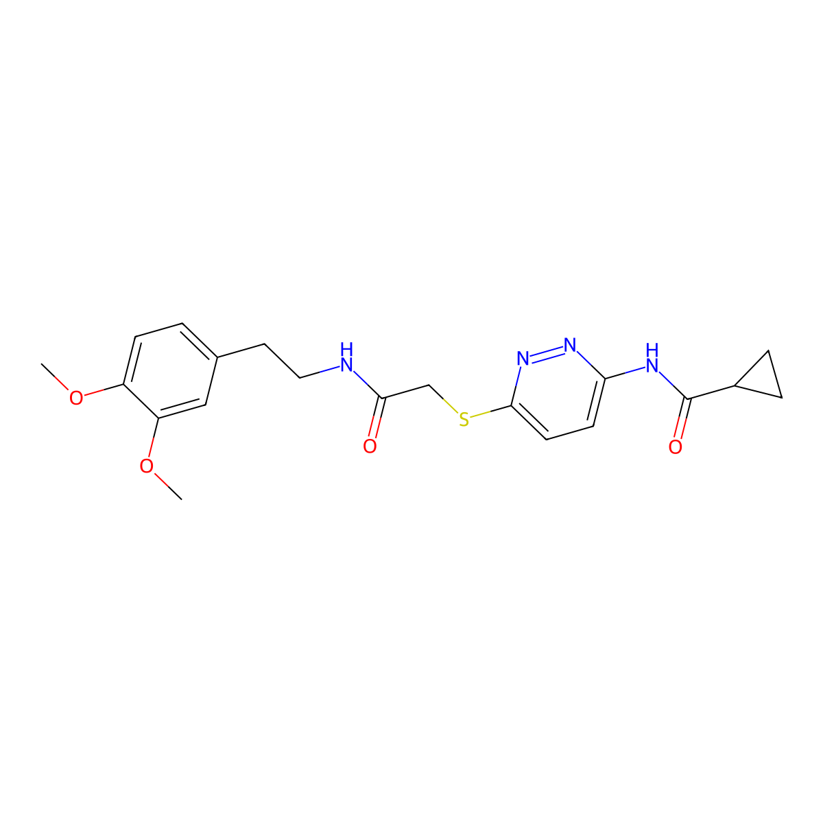 N-(6-((2-((3,4-dimethoxyphenethyl)amino)-2-oxoethyl)thio)pyridazin-3-yl)cyclopropanecarboxamide molecular structure, CAS 1021254-64-7