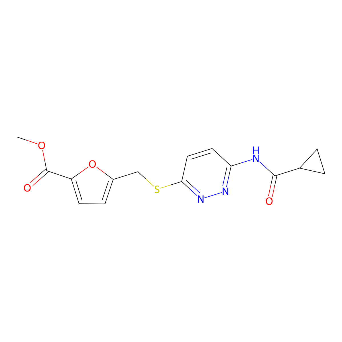 Methyl 5-{[(6-cyclopropaneamidopyridazin-3-yl)sulfanyl]methyl}furan-2-carboxylate molecular structure, CAS 1021254-66-9