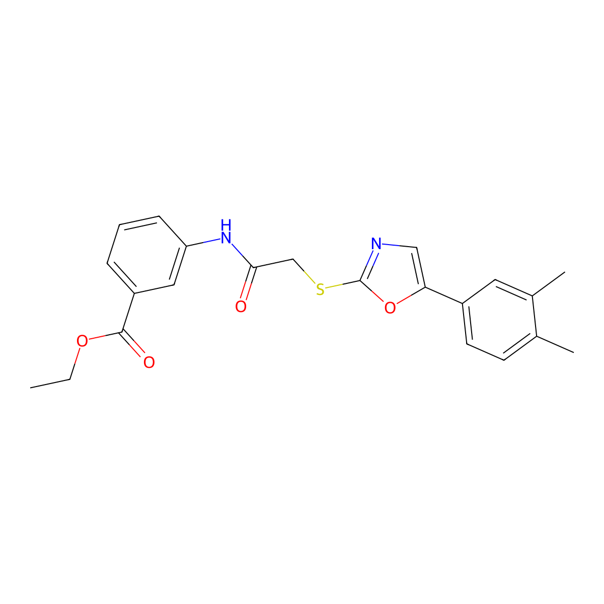 Ethyl 3-(2-{[5-(3,4-dimethylphenyl)-1,3-oxazol-2-yl]sulfanyl}acetamido)benzoate molecular structure, CAS 1021254-67-0