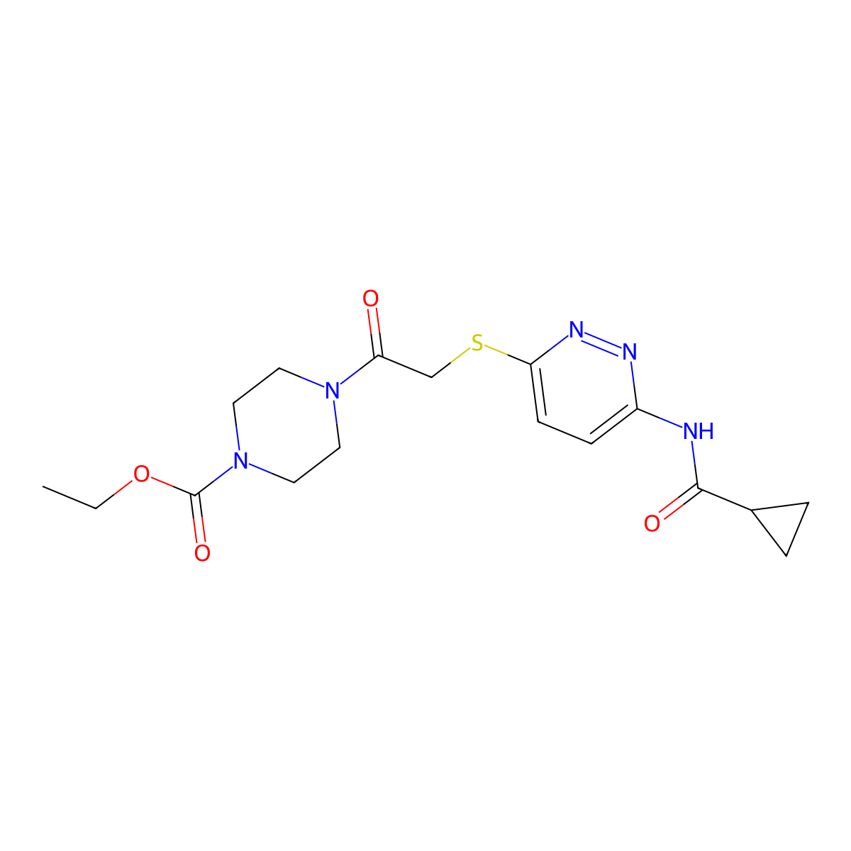 Ethyl 4-{2-[(6-cyclopropaneamidopyridazin-3-yl)sulfanyl]acetyl}piperazine-1-carboxylate molecular structure, CAS 1021254-70-5