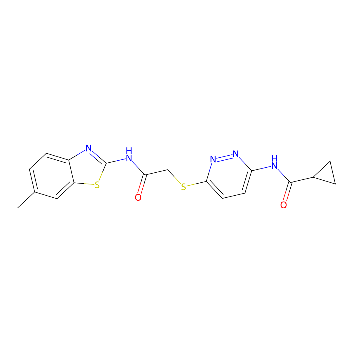 N-(6-((2-((6-methylbenzo[d]thiazol-2-yl)amino)-2-oxoethyl)thio)pyridazin-3-yl)cyclopropanecarboxamide molecular structure, CAS 1021254-79-4