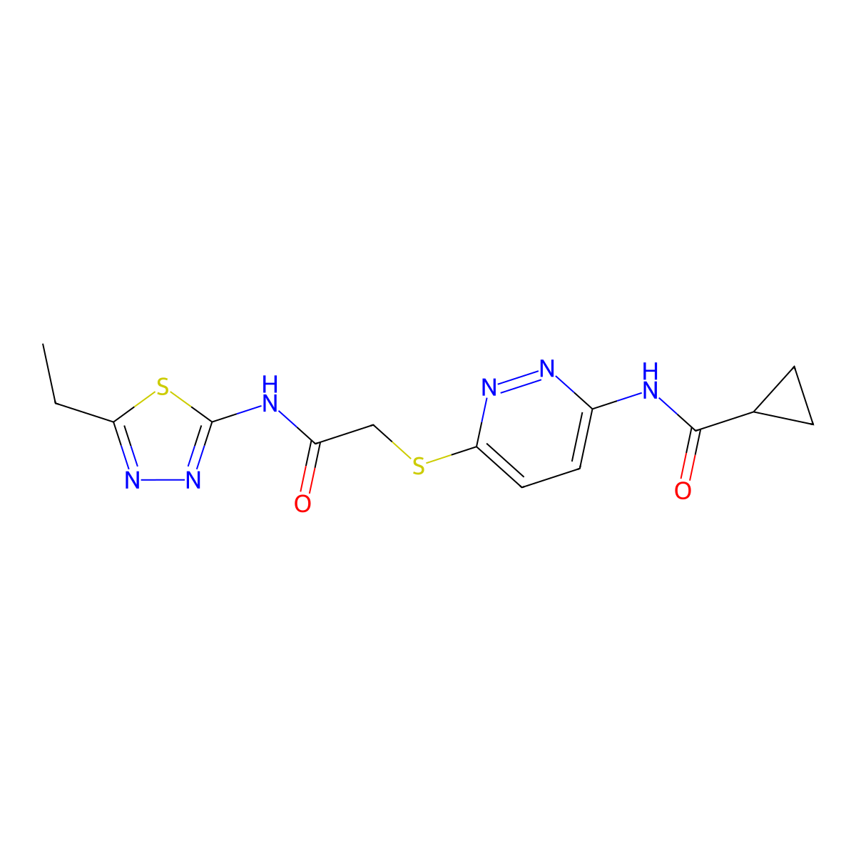 N-(6-((2-((5-ethyl-1,3,4-thiadiazol-2-yl)amino)-2-oxoethyl)thio)pyridazin-3-yl)cyclopropanecarboxamide molecular structure, CAS 1021254-83-0