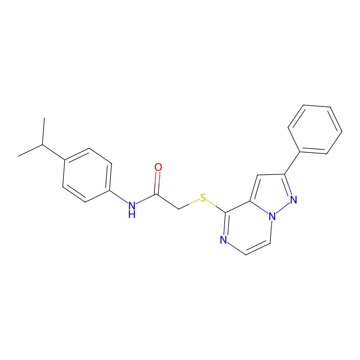 2-({2-phenylpyrazolo[1,5-a]pyrazin-4-yl}sulfanyl)-N-[4-(propan-2-yl)phenyl]acetamide molecular structure, CAS 1021254-97-6
