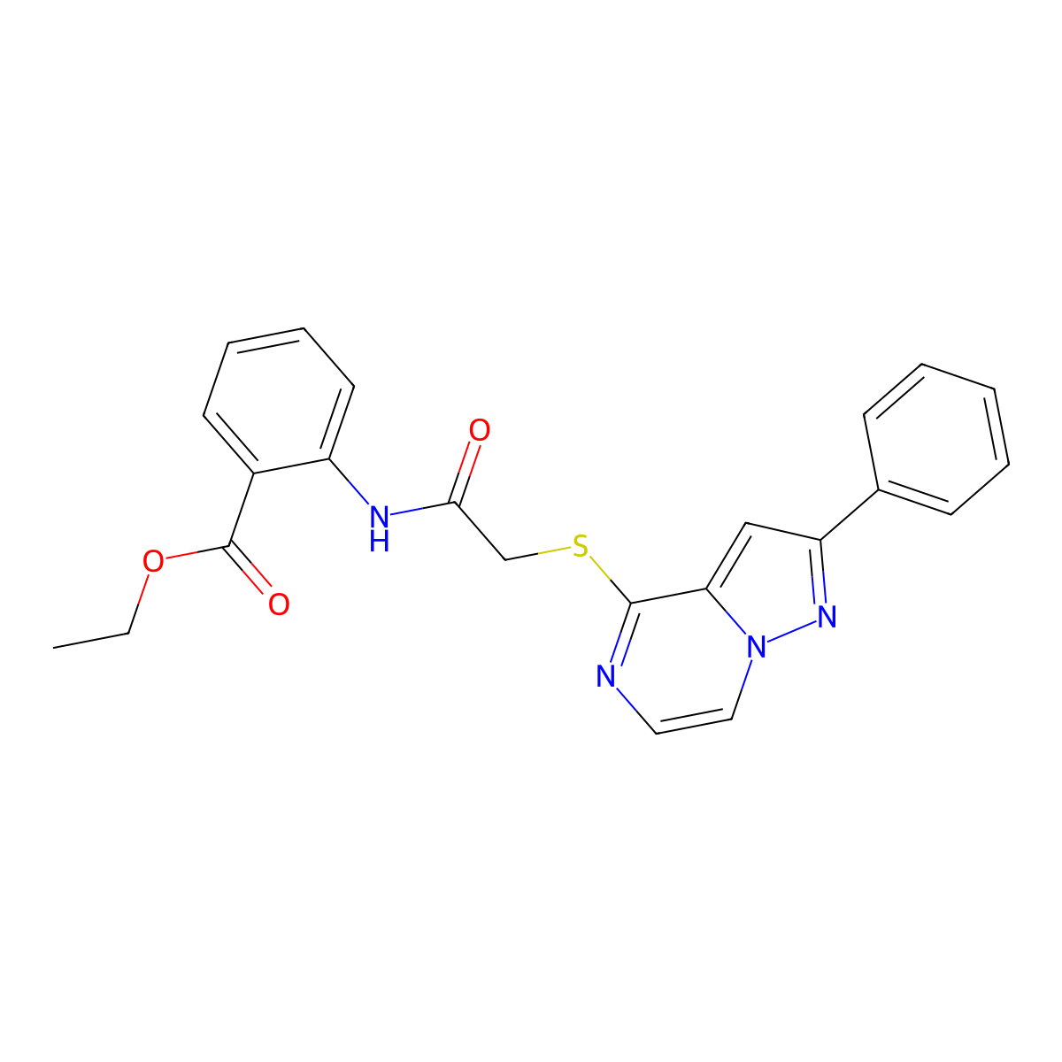 Ethyl 2-[2-({2-phenylpyrazolo[1,5-A]pyrazin-4-YL}sulfanyl)acetamido]benzoate molecular structure, CAS 1021255-02-6