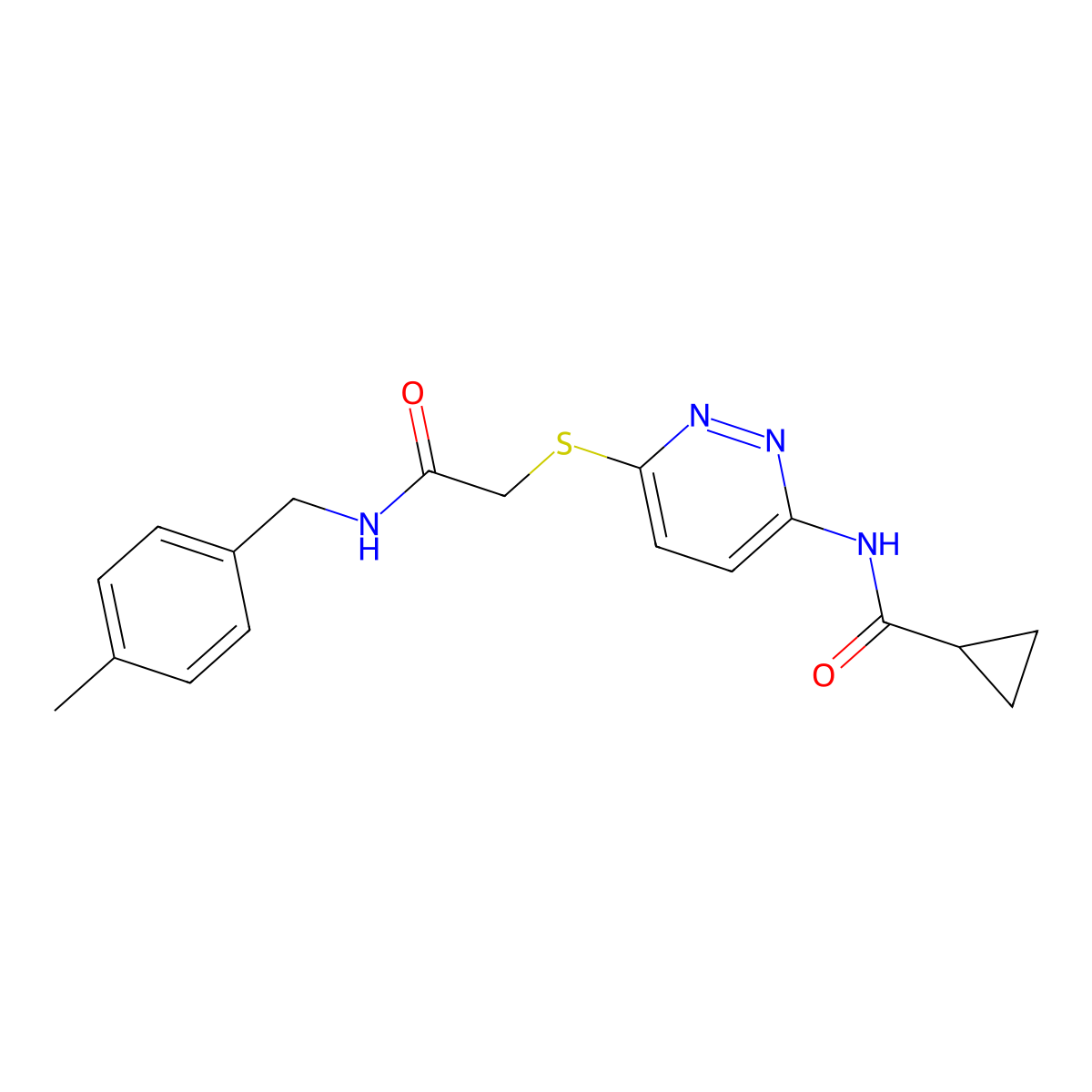 N-{6-[({[(4-methylphenyl)methyl]carbamoyl}methyl)sulfanyl]pyridazin-3-yl}cyclopropanecarboxamide molecular structure, CAS 1021255-03-7
