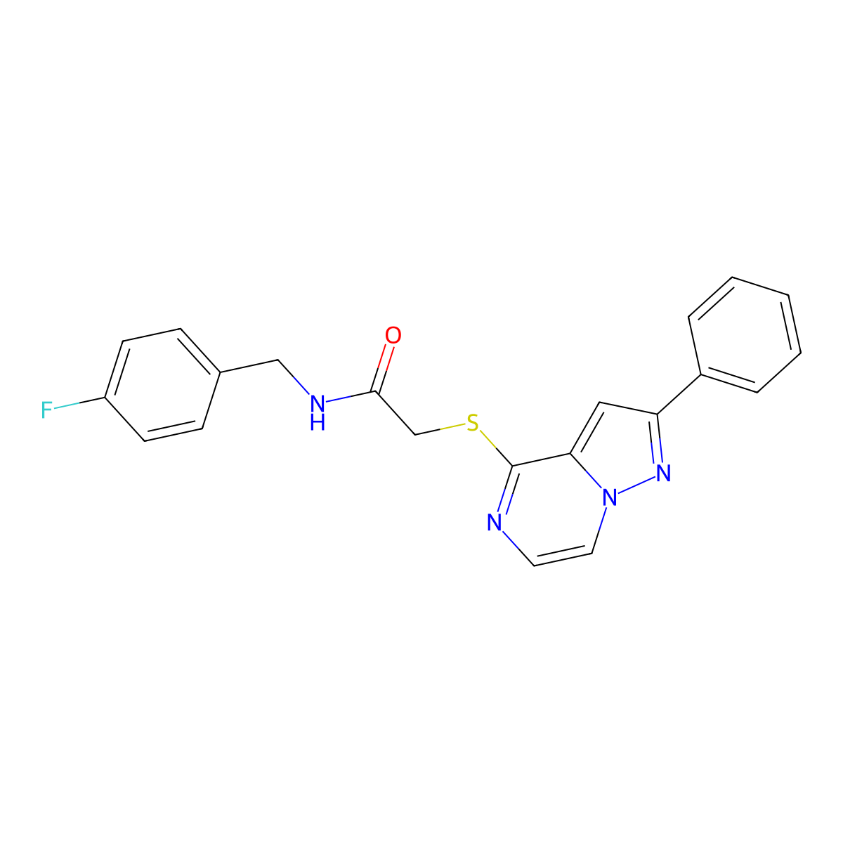 N-(4-fluorobenzyl)-2-[(2-phenylpyrazolo[1,5-a]pyrazin-4-yl)thio]acetamide molecular structure, CAS 1021255-04-8