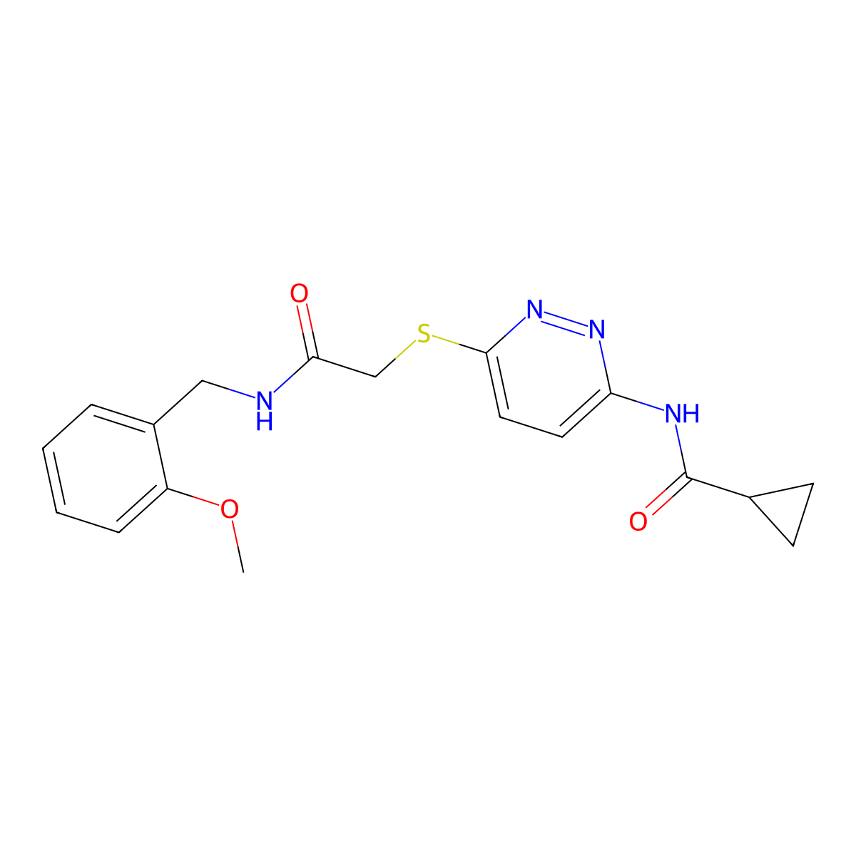 N-{6-[({[(2-methoxyphenyl)methyl]carbamoyl}methyl)sulfanyl]pyridazin-3-yl}cyclopropanecarboxamide molecular structure, CAS 1021255-05-9