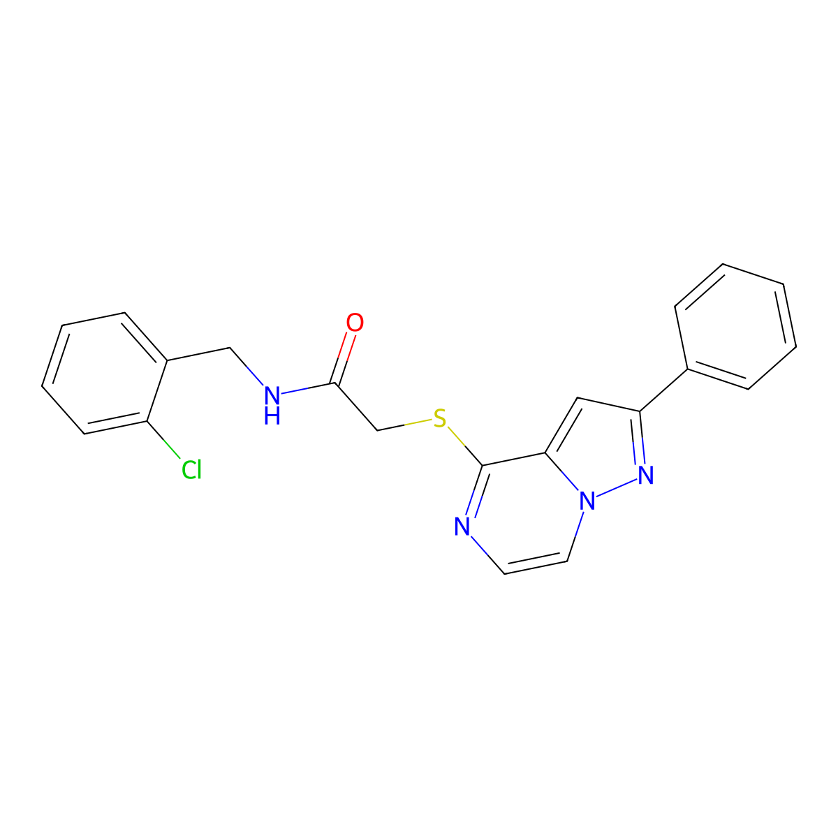 N-(2-chlorobenzyl)-2-[(2-phenylpyrazolo[1,5-a]pyrazin-4-yl)thio]acetamide molecular structure, CAS 1021255-06-0