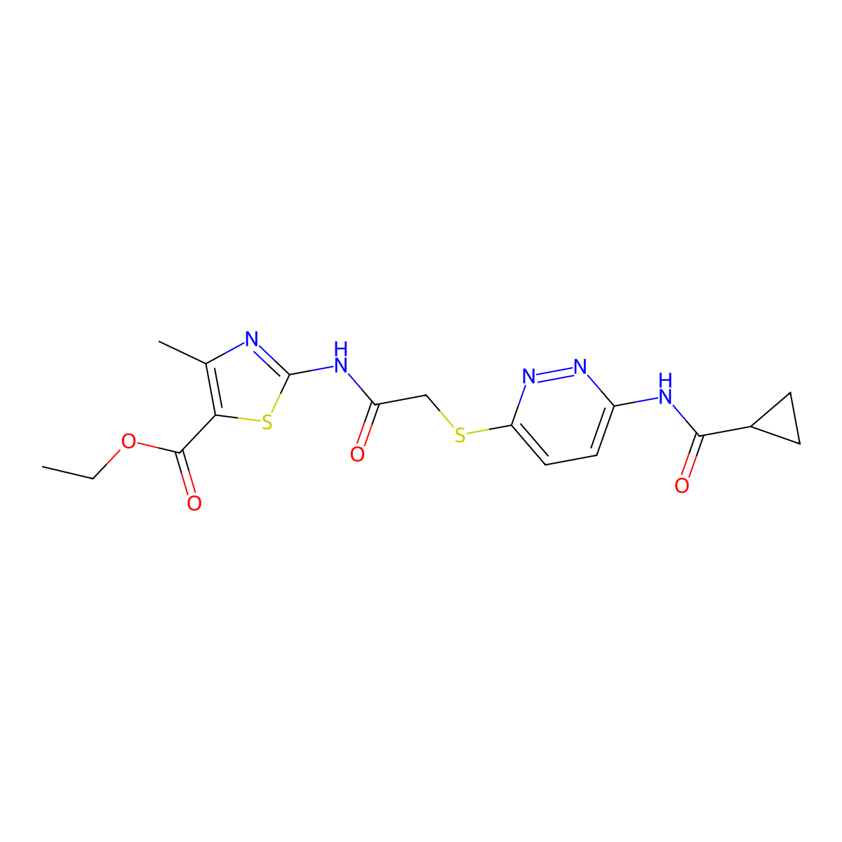 Ethyl 2-{2-[(6-cyclopropaneamidopyridazin-3-yl)sulfanyl]acetamido}-4-methyl-1,3-thiazole-5-carboxylate molecular structure, CAS 1021255-09-3