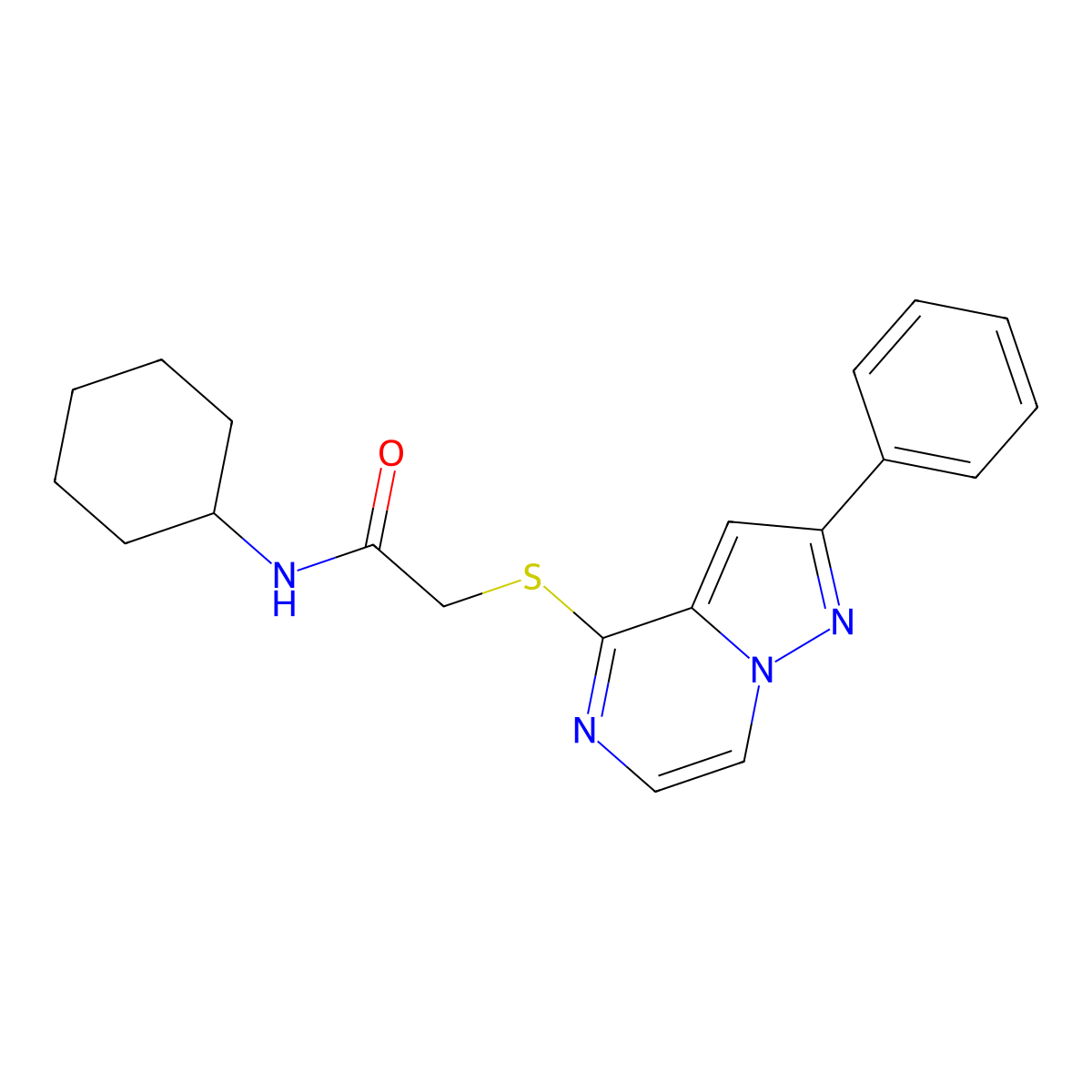 N-cyclohexyl-2-({2-phenylpyrazolo[1,5-a]pyrazin-4-yl}sulfanyl)acetamide molecular structure, CAS 1021255-10-6