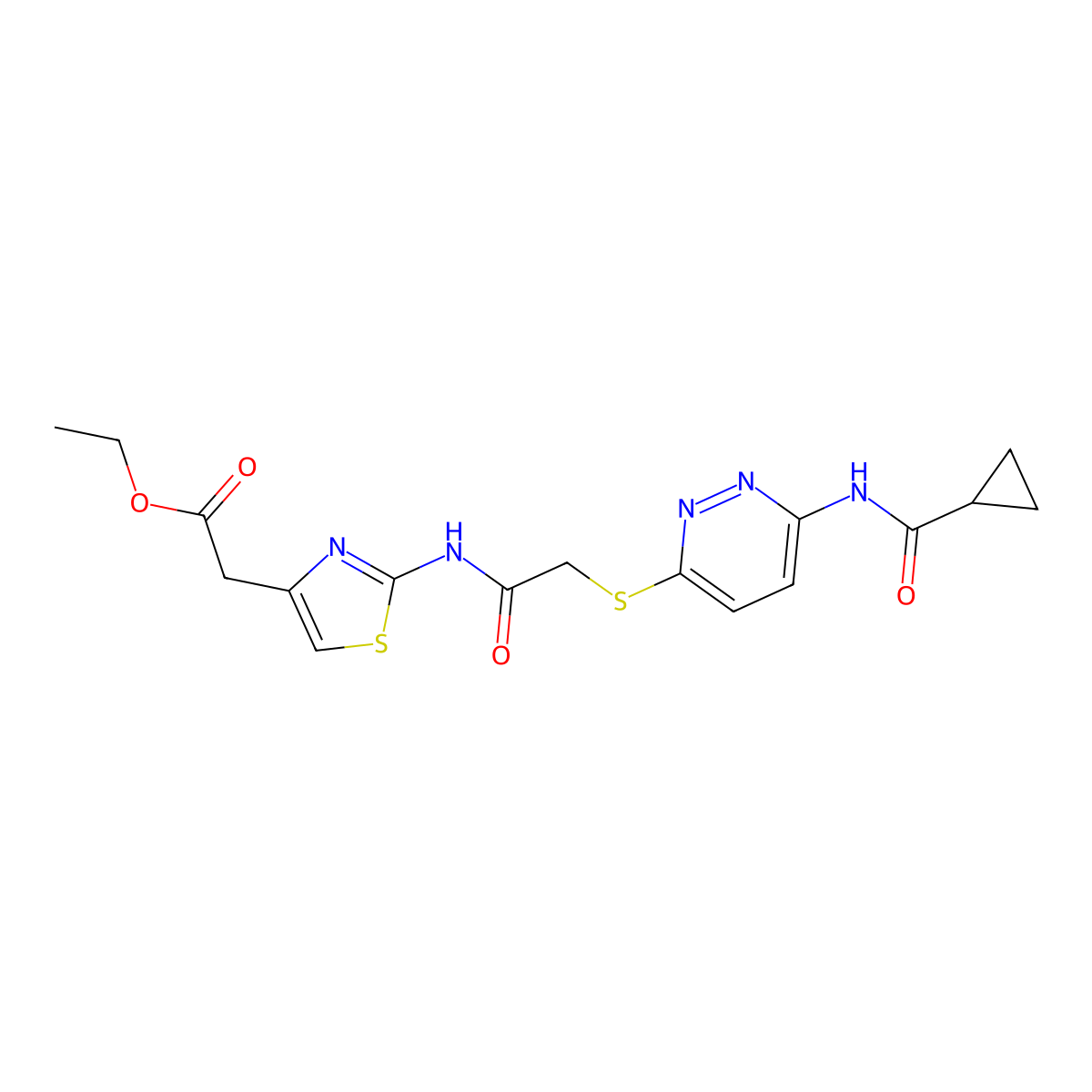 Ethyl 2-(2-(2-((6-(cyclopropanecarboxamido)pyridazin-3-yl)thio)acetamido)thiazol-4-yl)acetate molecular structure, CAS 1021255-13-9