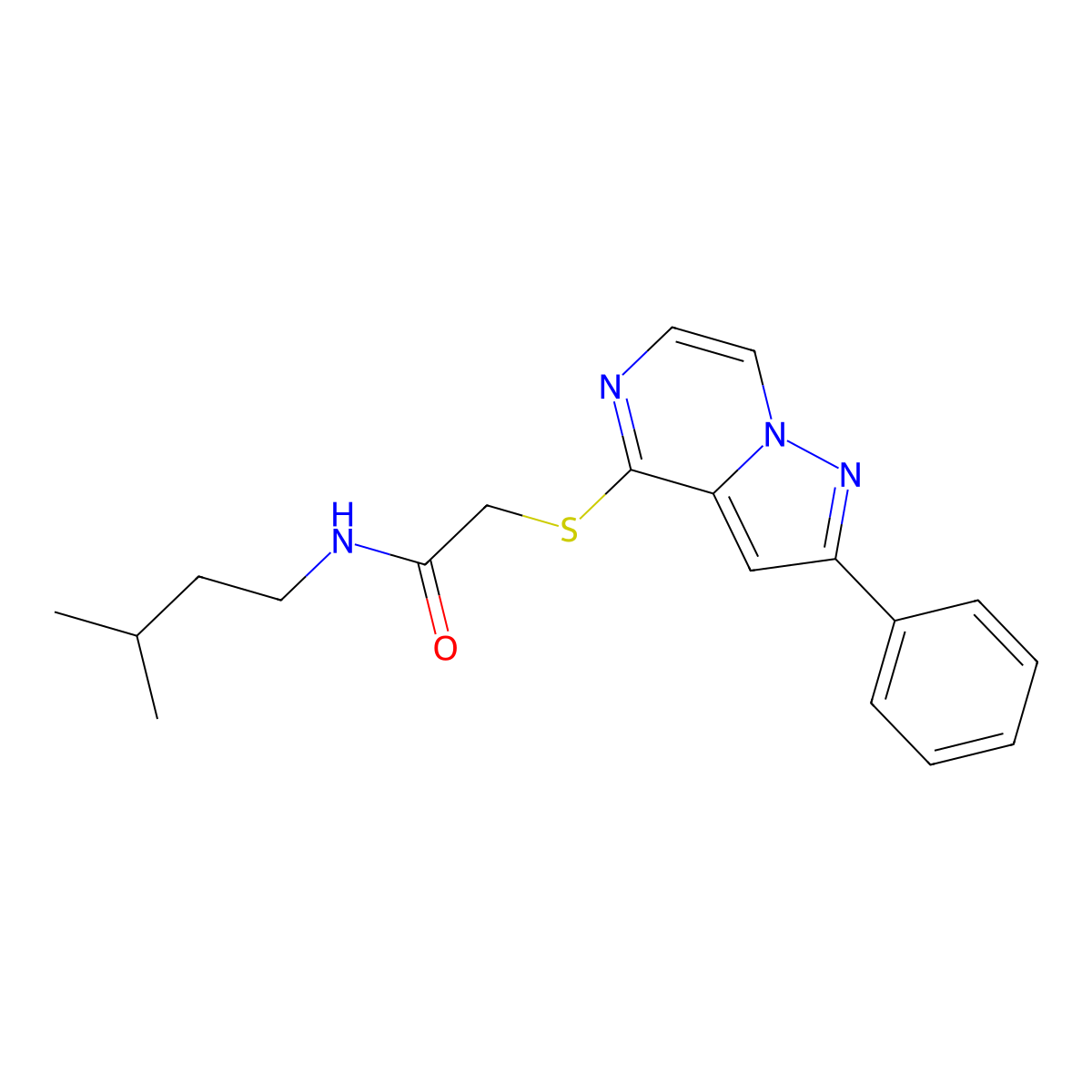 N-(3-Methylbutyl)-2-({2-phenylpyrazolo[1,5-A]pyrazin-4-YL}sulfanyl)acetamide molecular structure, CAS 1021255-18-4