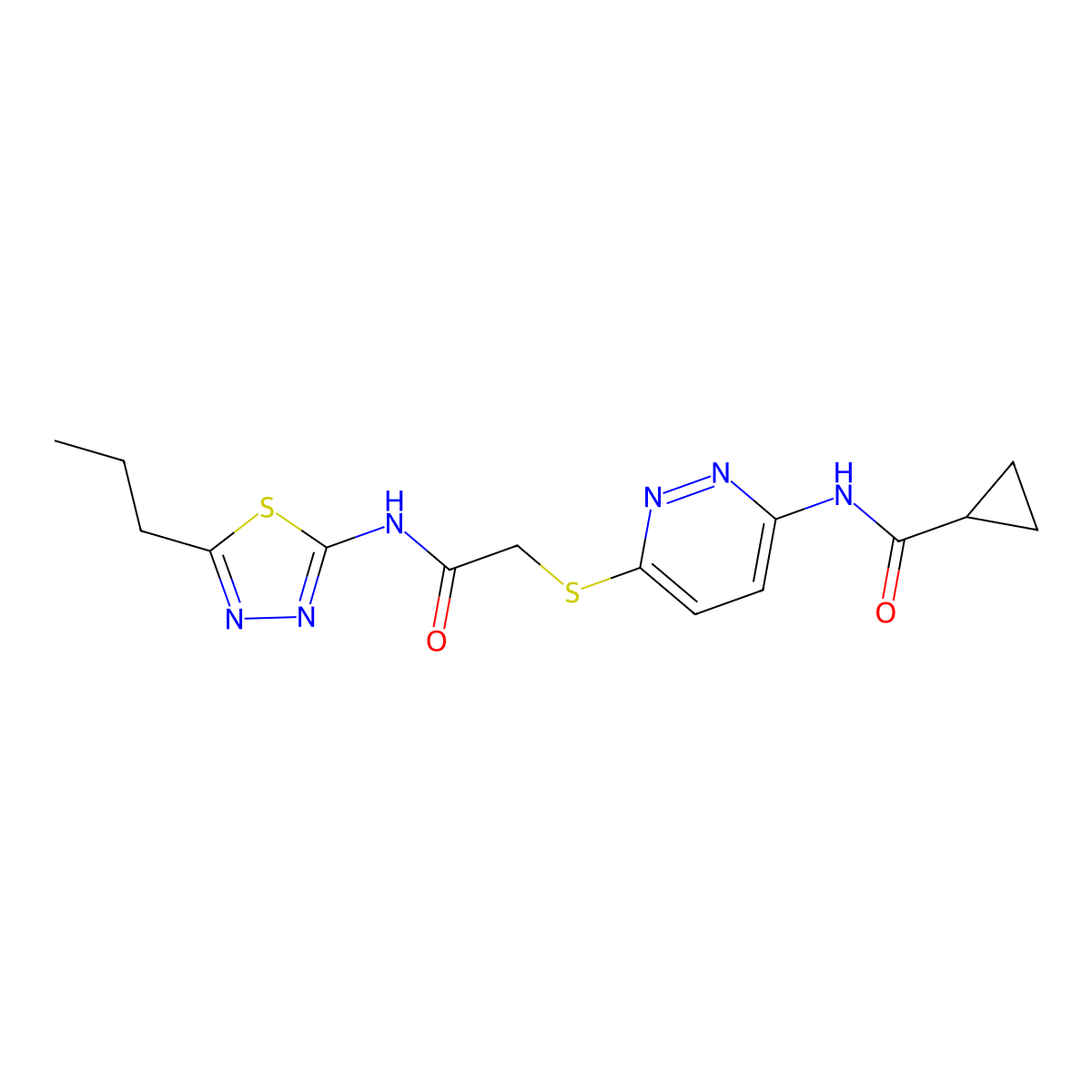 N-(6-((2-oxo-2-((5-propyl-1,3,4-thiadiazol-2-yl)amino)ethyl)thio)pyridazin-3-yl)cyclopropanecarboxamide molecular structure, CAS 1021255-21-9