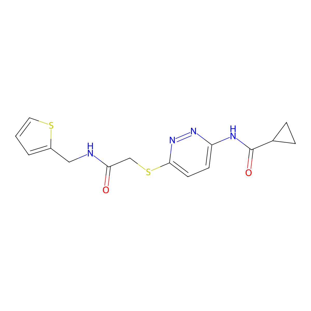 N-{6-[({[(thiophen-2-yl)methyl]carbamoyl}methyl)sulfanyl]pyridazin-3-yl}cyclopropanecarboxamide molecular structure, CAS 1021255-24-2