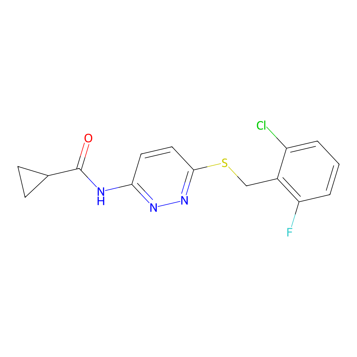 N-(6-{[(2-chloro-6-fluorophenyl)methyl]sulfanyl}pyridazin-3-yl)cyclopropanecarboxamide molecular structure, CAS 1021255-31-1